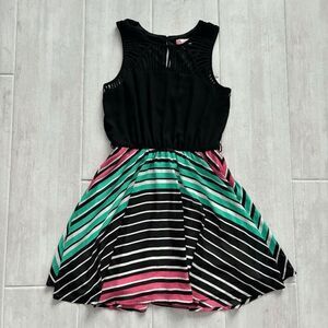 Candie's Lattice Dress Fit & Flare Black with Pink Teal Stripes Medium Mini 2010